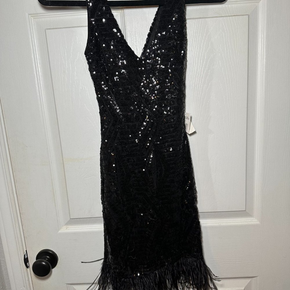 Roaring 20's Fitted Black Sequin Feather Mini Dress